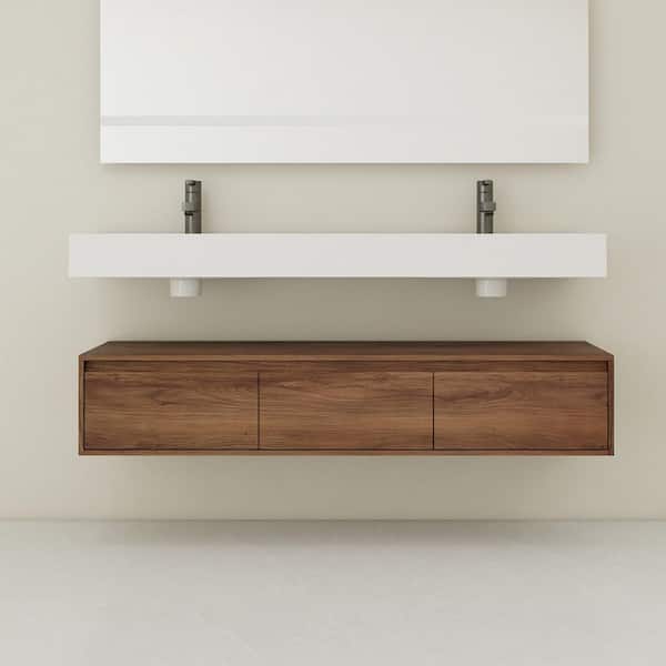 59 in. Wall Mounted Brown Bath Vanity with Double Sink White Resin Top and 3 Drawers Assembled
