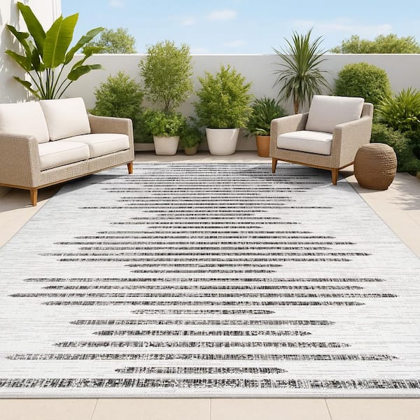 Zolak Berber Stripe Geometric Ivory/Black 8 ft. x 10 ft. Indoor/Outdoor Area Rug