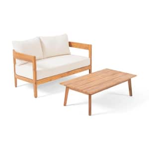 Teak Acacia Wood Patio Conversation Set, Outdoor Loveseat with Beige Cushions and Coffee Table