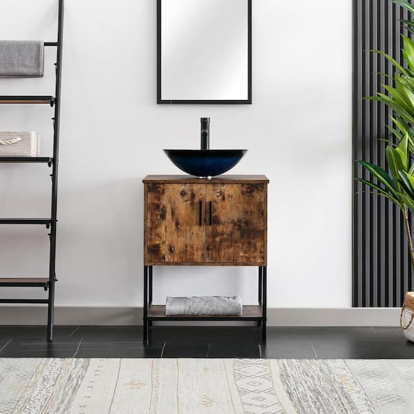 eclife 24 in. W x 20 in. D x 31.5 in. H Freestanding Bath Vanity in Brown with Single Ceramic Turquoise Top and ORB Faucet