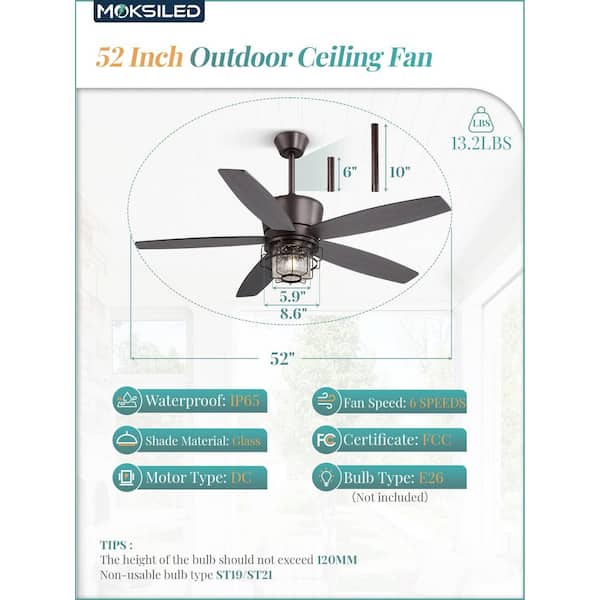 HINNIXY 52 in. Outdoor Black Waterproof Ceiling Fan with Lights