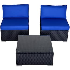 Black 3-Piece Wicker Patio Conversation Sofa Sectional Loveseat Armless Bistro Set & Coffee Table w/Royal Blue Cushions