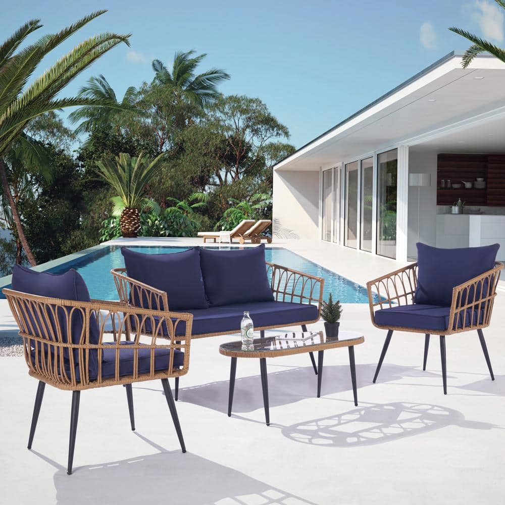 4-Pieces Wicker Outdoor Patio Conversation Set All-Weather Rattan Patio Fur