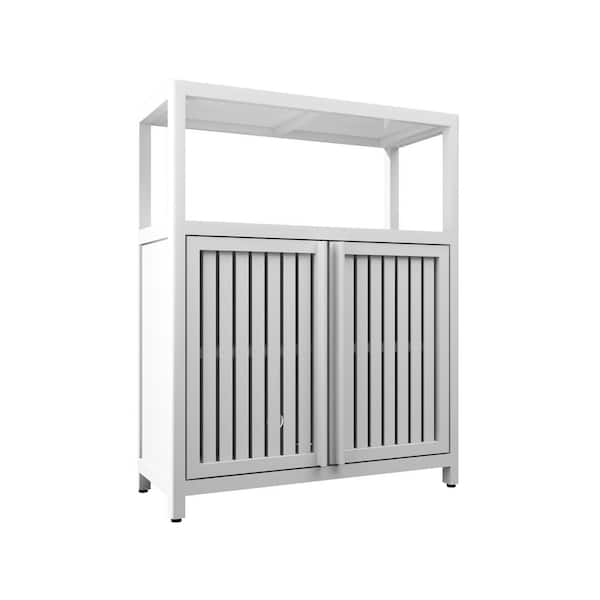 24 in. W x 10 in. D x 32 in. H White Bamboo Linen Cabinet, Bathroom Storage Cabinet with 2-Doors and Open Shelf