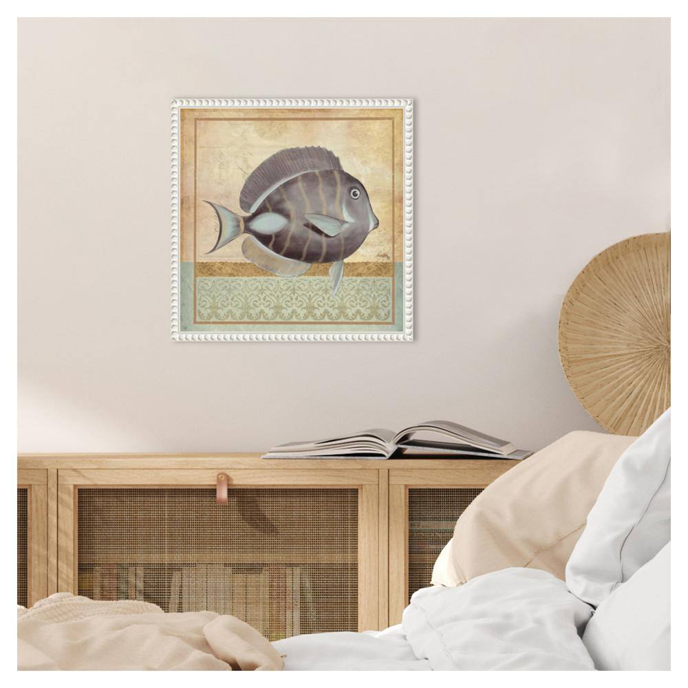 Vintage Fish II Coastal Canvas Wall Art with White Beaded Frame