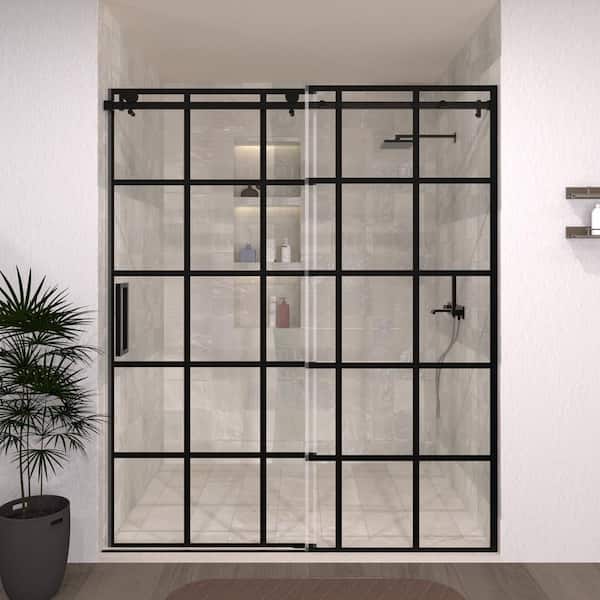 Hermitage Bath Eletta 60 in. W x 76 in. H Sliding Semi-Frameless Shower Door in Matte Black with Patterned Glass