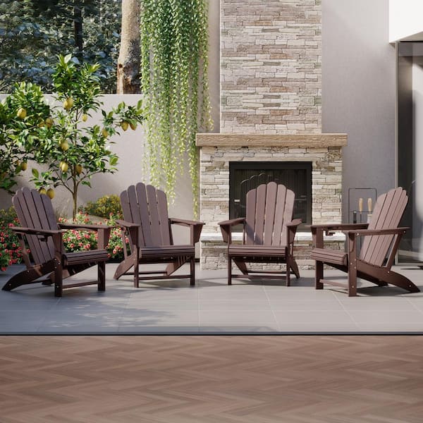 Aderson Set of 4 All Weather Fade Resistant Outdoor Patio HDPE Adirondack Chairs with Cup Holders in Dark Brown