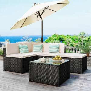 5-piece Wicker Patio Conversation Sectional Seating Set with CushionGuard Beige Cushions