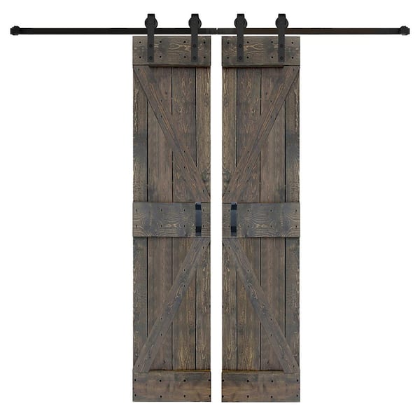 ISLIFE K Series 42 in. x 84 in. Smoky Grey Finished DIY Solid Wood Double Sliding Barn Door with Hardware Kit