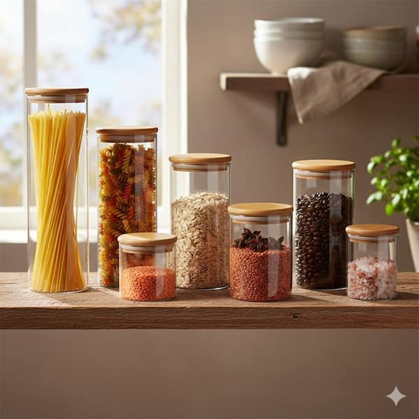 Glass Food Storage 7-Piece Borosilicate Jar Set with Airtight Bamboo Lids for Pantry Flour Cereal Nuts Pasta