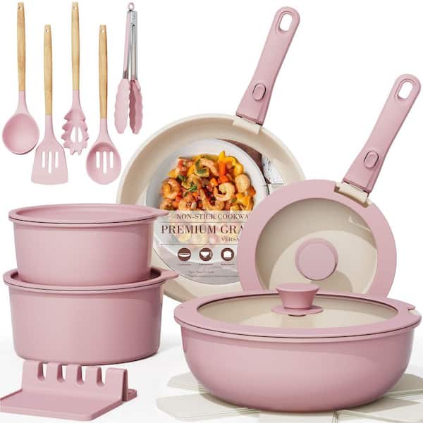 21-Piece Aluminum Nonstick Pots and Pans Cookware Set in Pink, Secure Ceramic Cookware Set Detachable Handle