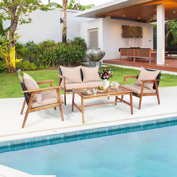 4-pieces Wicker Patio Conversation Set Rattan Acacia Wood Frame Furniture Set with Coffee Table Brown