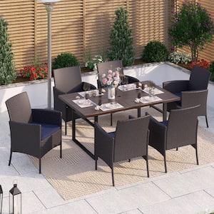 Black 7-Piece Metal Patio Outdoor Dining Set with U Shaped Rectangle Table and Rattan Chairs with Blue Cushion