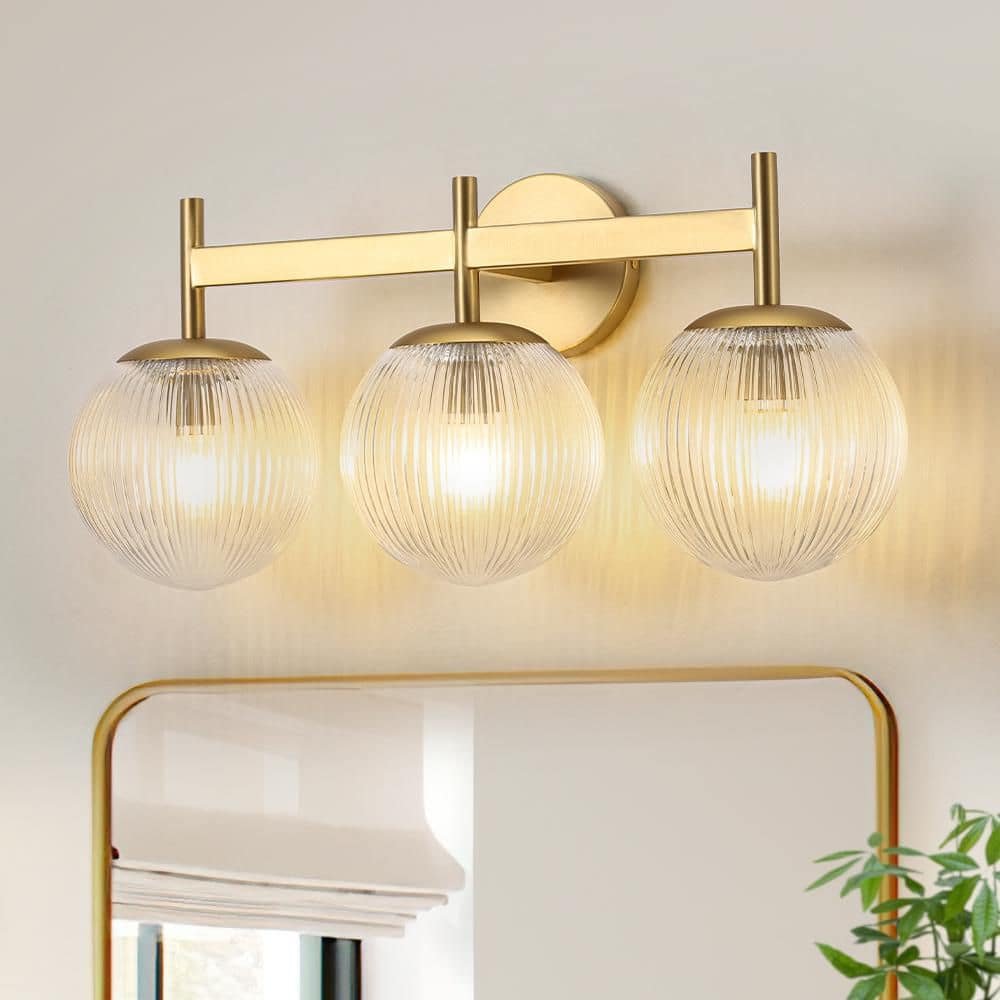 Noble 21.9 in. 3-Light Vintage Industrial Brushed Gold Bathroom Vanity Light with Round Clear Globe Ribbed Glass Shade price history on PriceWatchPro