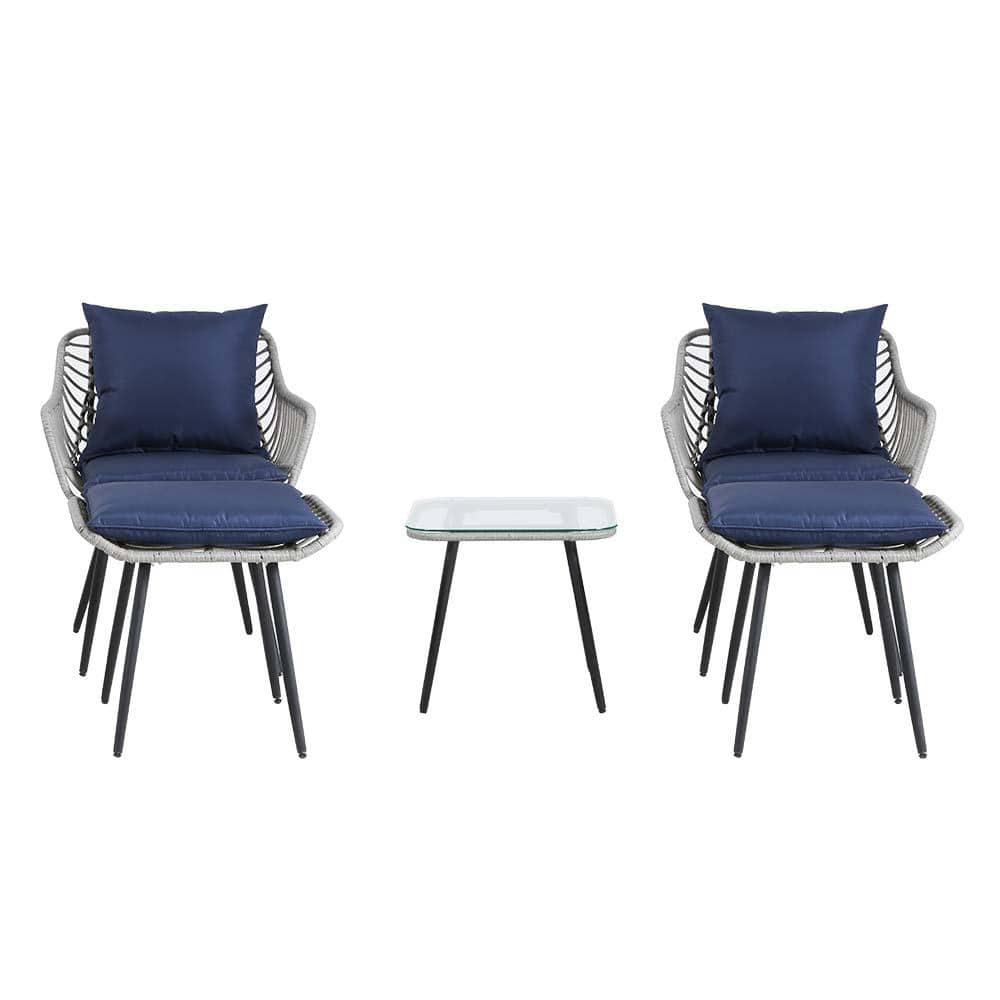 5 Piece Gray PE Rattan Wicker Patio Conversation Set with Navy Blue Cushion