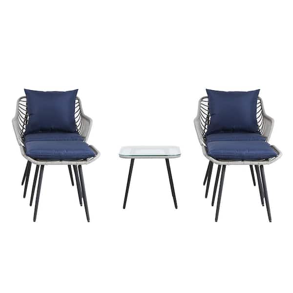 Unbranded 5 Piece Gray PE Rattan Wicker Patio Conversation Set with Navy Blue Cushions, Coffee Table for Backyard, Balcony
