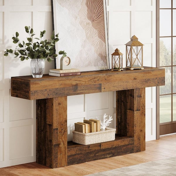 BYBLIGHT Turrella 63 in. Mixed Brown Rectangle Wood Console Table with U Shaped Base