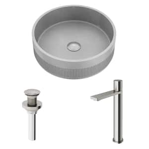 Cypress Gray Concreto Stone Round Fluted Bathroom Vessel Sink with Gotham Faucet and Pop-Up Drain in Brushed Nickel