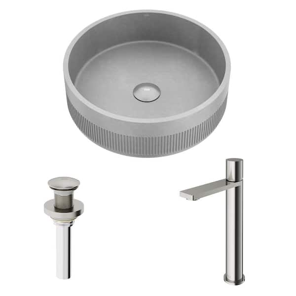 VIGO Cypress Gray Concreto Stone Round Fluted Bathroom Vessel Sink with