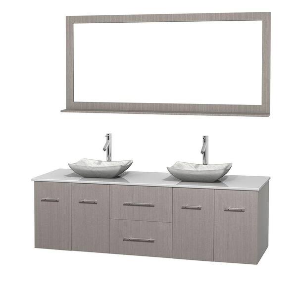 Wyndham Collection Centra 72 in. Double Vanity in Gray Oak with Solid-Surface Vanity Top in White, Carrara Marble Sinks and 70 in. Mirror
