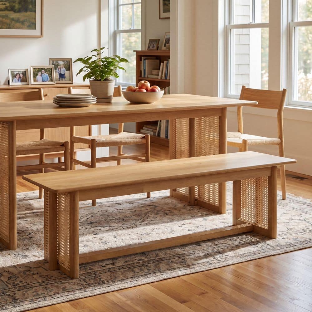 Rubeus 59.06 in. Natural Wood Dining Bench with Plastic Rattan Weave