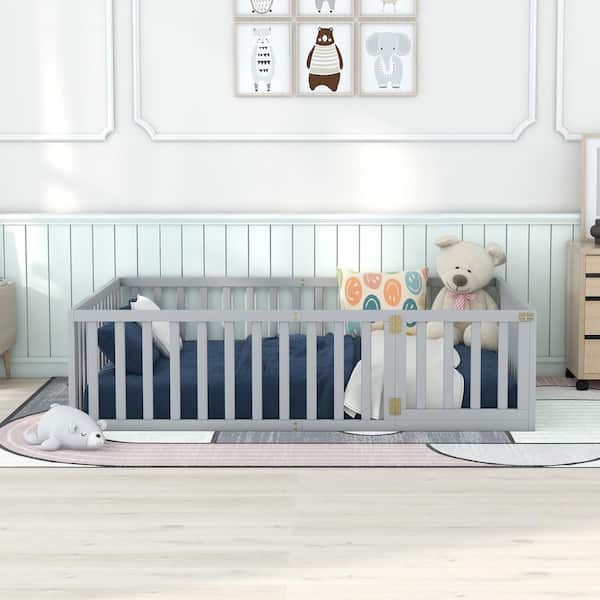 Queen Size Wood Daybed Frame with Fence, Queen Floor Bed with Door for Toddlers Kids, Box Spring Needed, Gray