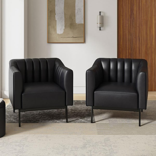 JAYDEN CREATION Curtis Black Industrial Leather 30 in. Wide Chair with Channel Tufting and Metal Leg (Set of 2)