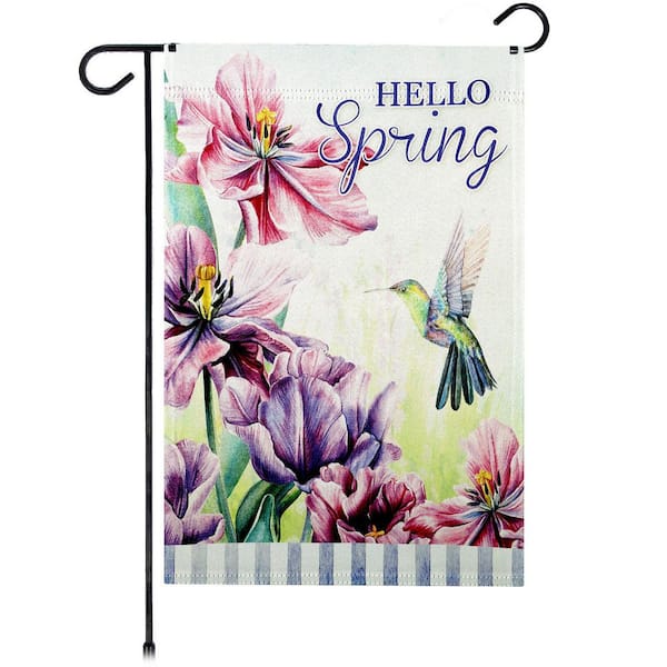 G128 1 ft. x 1.5 ft. Polyester Hello Spring Hummingbird Flowers 2-Sided Garden Flag Printed Blockout