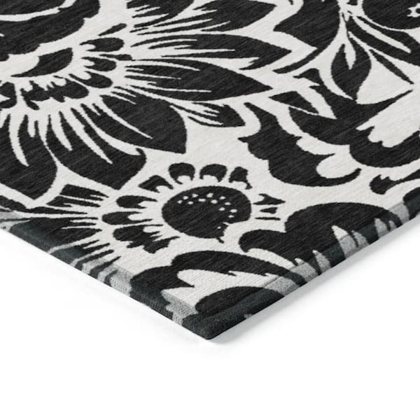 Black and Ivory 2 ft. x 8 ft. Woven Floral Runner Indoor/Outdoor Area Rug