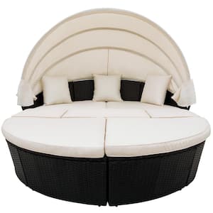 Black Wicker Outdoor Chaise Lounge Daybeds with Beige Cushions