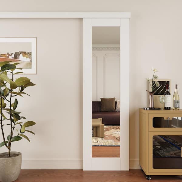 18 in. x 80 in. Hidden Track Style 1-Lite Mirrored Glass White Primed MDF Sliding Barn Door with Hardware Kit