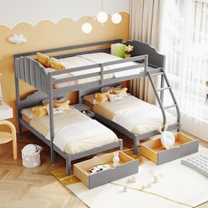 Gray Full Over Twin and Twin Bunk Bed, Velvet Triple Bunk Bed with Drawers and Guardrails