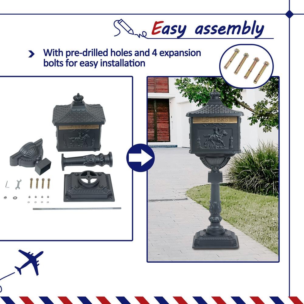 Vintage Black Cast Aluminum Lockable Outdoor Mailbox