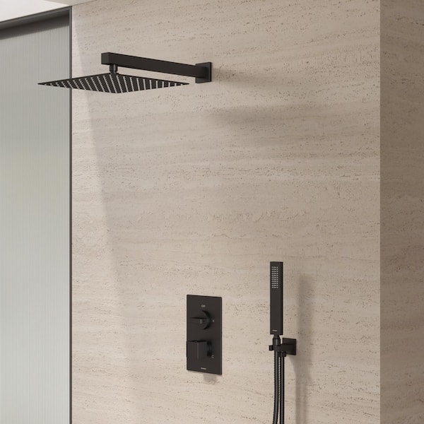 Rugen 2-Spray 10in. Wall Mount Dual Shower Head Handheld Shower Head 1.8 GPM in Matte Black (Valve Included)