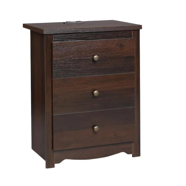 15.59"D x 22.99"W x 29.06"H Brown Tall Nightstand with Charging Station, 3 Drawers Storage, 2 USB Ports and Outlets