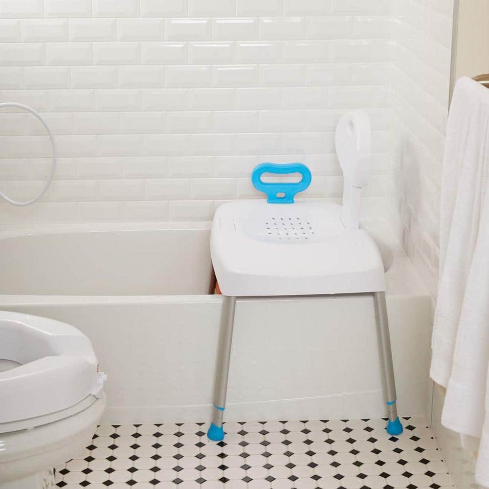 Adjustable White and Blue Plastic Shower Transfer Bench