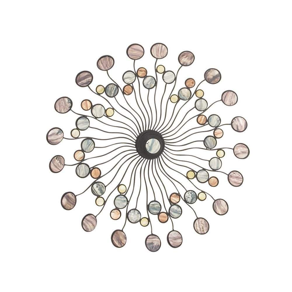 Multi-Colored Iron Sunburst Wall Sculpture with Marble Accents