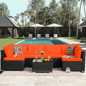 HZY 7-Pieces Black Wicker Outdoor Sectional Set with Orange Cushions and Coffee Table