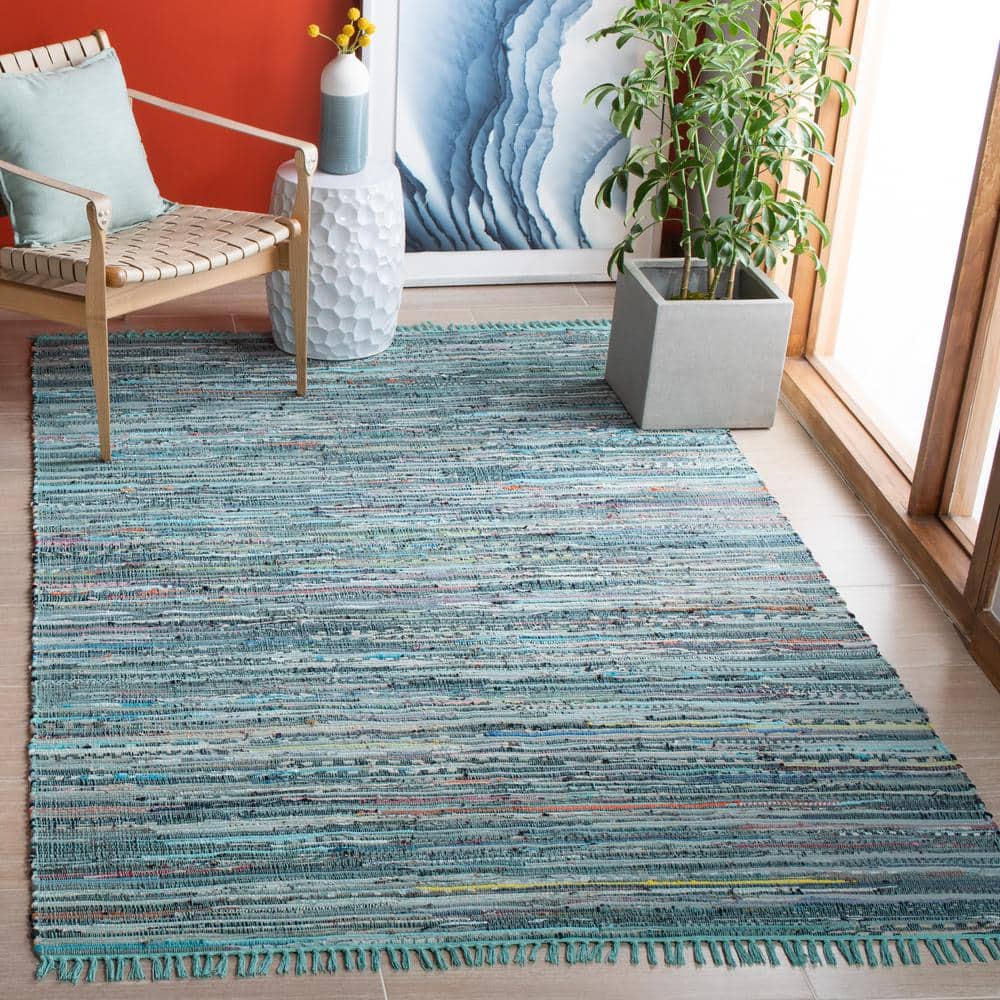Handwoven Turquoise and Multicolor Square Wool Cotton Area Rug