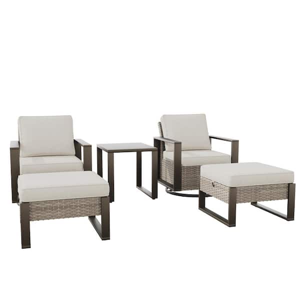 5-Piece Swivel Rocker Wicker Outdoor Patio Conversation Set with Beige Cushions