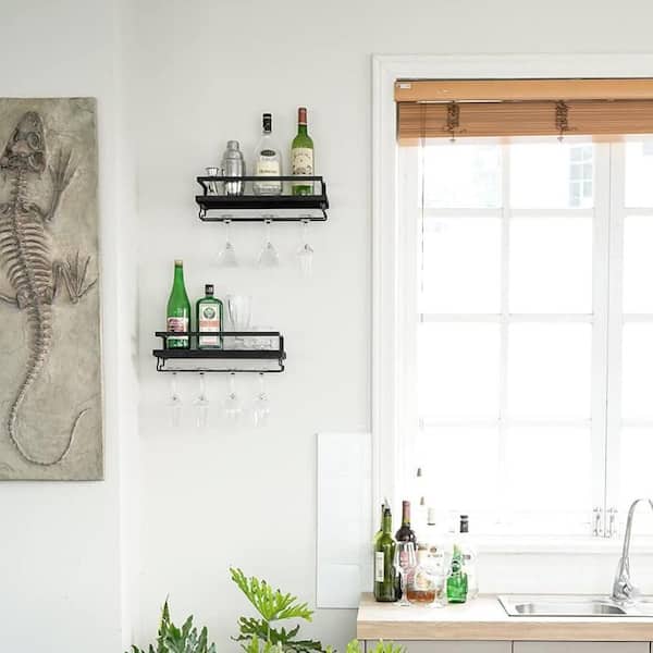 2-Piece 17 in. Black Wood Wall Mounted Wine Glass Rack with Stemware Hanger, Wine Bottle Glass Display Storage Holder