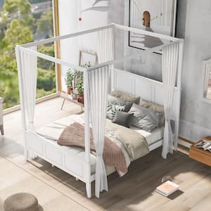 Wood White Queen Size Canopy Platform Bed with Headboard