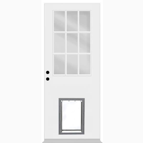 Reliant 32 in. x 80 in. 9 Simulated Divided Clear Lite RHIS Primed Fiberglass Prehung Front Door w/ Large Pet Door