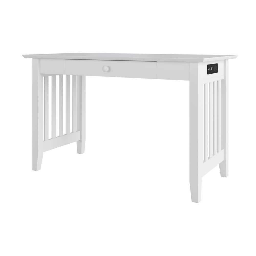 White Solid Wood Desk with Drawer, Power Outlet, and USB Port