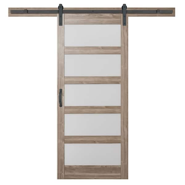 Masonite 36 in. x 84 in. 5 Equal Lites with Frosted Glass Ash Gray Interior Sliding Barn Door Slab with Hardware Kit