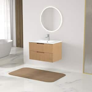 30 in. W Single Sink Floating Bath Vanity in Light Brown with White Ceramic Top and 2-Drawers