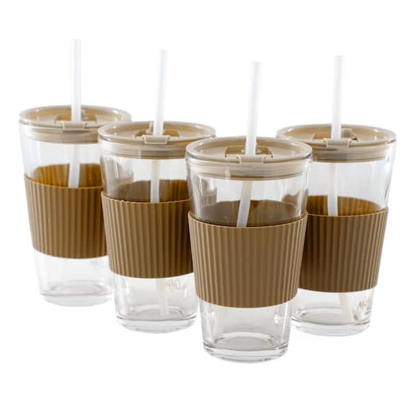 Sip Savvy 4 Piece 15 Ounce Silicone Sleeve Glass Cup Set w/ Lid and Straw in Brown