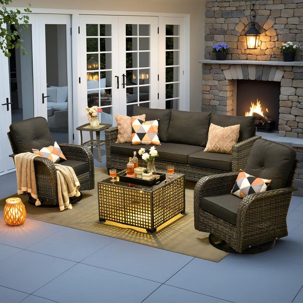 Elvira Gray 5-Piece Wicker Patio Conversation Seating Sofa Set with Black and Swivel Rocking Chairs price history on PriceWatchPro