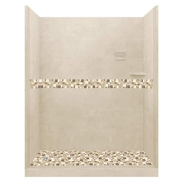Tuscany 60 in. L x 42 in. W x 80 in. H Left Drain Alcove Shower Kit with Shower Wall and Shower Pan in Desert Sand