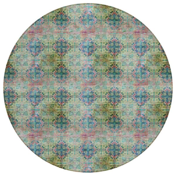 Blue, Green 8 ft. x 8 ft. Woven Floral;Medallion Polyester Round Indoor / Outdoor Area Rug